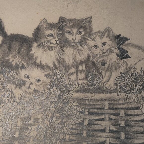 Pencil Sketch of a basket of kittens by artist signed, Esther 1949. - Picture 1 of 8